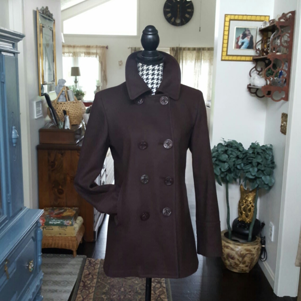 Signature Brown Wool Blend Pea Coat Size 6 - Picture 1 of 10